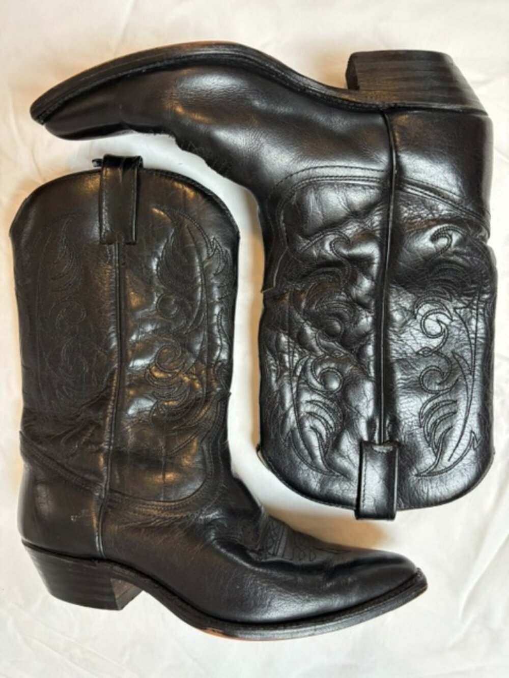 Boulet Black Leather Western Boot w/Decorative Stitching Men's Size 9.5